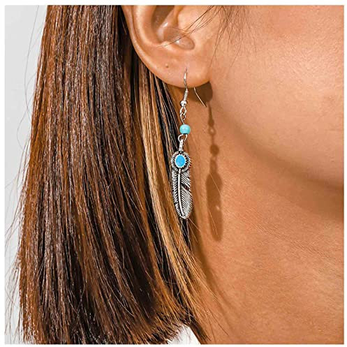 Cimenexe Böhmischen Feder Türkis Ohrringe - Silber Blatt Tropfen Mit Perle - Metall Stammes-Feder Schmuck Für Frauen Und Mädchen Geschenke