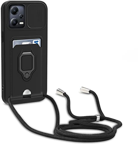 yanasuo Schiebe Kameraschutz Silikon Handykette Hülle kompatibel mit Xiaomi Poco X5 Pro 5G/Redmi Note 12 Pro 5G, Metall Ring Halter Handy Cover,Verstellbarer Halskette Handyhülle-Schwarz