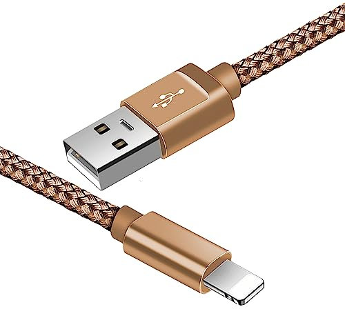 WORLD CONNECTERE for iPhone Charger Cable Nylon Braided Fast Charging Lead, 1M Data Sync iPhone Charger Wire Compatible with iPhone 12/11/13 Pro Max XS/XR/X/8/8 Plus/7/6/6 plus/5/5S (1 Meter, Gold)
