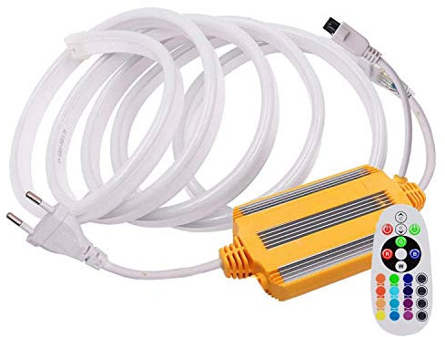 FOLGEMIR 15m Neon Seil Strip, dimmbar RGB Farbwechsel flexibler LED Streifen, 5050 SMD Lichtleiste, 220V LED Band, IP65 wasserdichte Lichtschlauch mit Trafo & 24-Tasten IR Fernbedienung