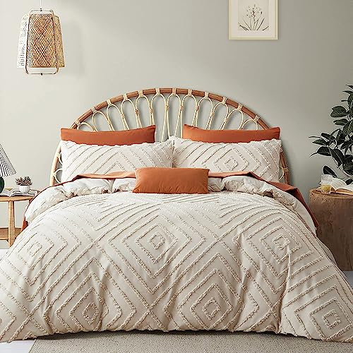 Freyamy Tuftée Parure de lit avec Fermeture Éclair Style Bohème, Sets de Housse de Couette en Microfibre 140x200 Broderie à la Main, Beige, avec Une Taie d'oreiller 65 x 65