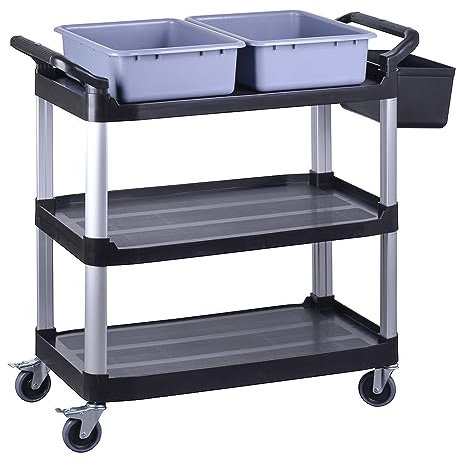 BLV servierwagen Kunststoff mit Rollen,Küchenwagen mit 3 böden,Restaurant Reinigungswagen mit Auffangbecken für Lebensmittelabfälle und Messer und Gabel Eimer (97H×104B×51T)