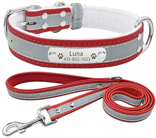 Senristar Personalisierte Reflektierende Hundehalsband und Leine Set,Benutzerdefinierte Eingraviert Warmes Futter Hundehalsband mit Namensschild für Kleine,Mittlere,Große Hunde & Katzen