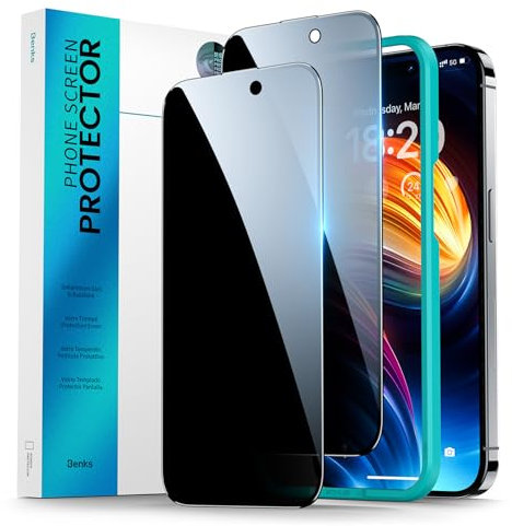 BENKS Schutzfolie für iPhone 14 Pro für Panzerglas Sichtschutz, für iPhone 15 für Panzerglas Sichtschutz, mit Rahmen-Installationshilfe, 2 Stück