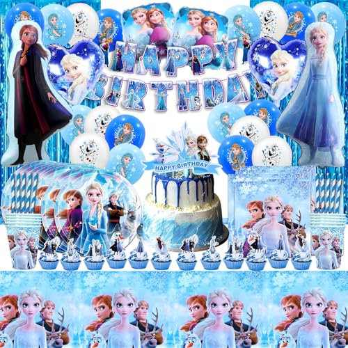 105 Pcs Froze Geburtstagsdeko, Elsa Geburtstagsparty Set, Luftballon, Partygeschirr, Cake Decoration, Pappteller Und Becher, Tischdeko