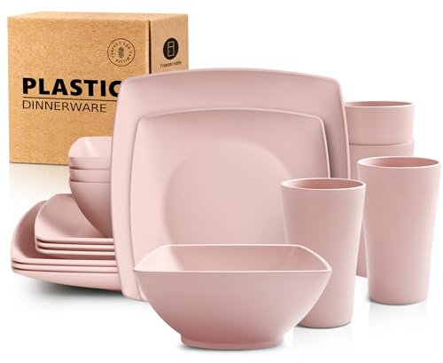 Teivio 16-Piece Kitchen Plastic Square Dinner Set, Service for 4, Dinner Plates, Dessert Plates, Cereal Bowls, 20 oz Cups, Unbreakable Plastic Plates and Bowls Set, Outdoor Camping Dishes, Pink