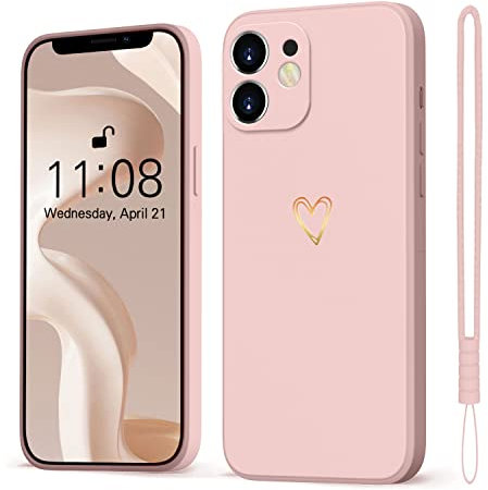 Mitetabo iPhone 12 Mini Case Pink Love Heart Gold Glitter Metallic Finish Slim Silicone Shockproof Scratch-Resistant Cute Protective Case for iPhone 12 Mini 5.4 Inch