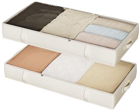 Vailando Under Bed Storage Containers, Closet Organizers and Storage Bins, 6 Inches Tall Clothes Storage with Sturdy Handles and Sidewalls, Foldable, Beige, 2-Pack