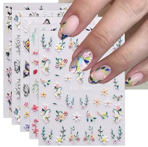 JMEOWIO 6 Blatt 3D Nagelsticker Blume Nail Art Sticker Selbstklebend Nagelaufkleber 5D Stereoskopisch Frühlings Blumen Dekoration Nageldesign Zubehör
