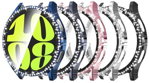 Bigqin 5 Stück Glitzer Diamanten Schutzhülle Kompatibel mit Samsung Galaxy Watch 6 40mm, Hart PC Hülle mit Displayschutzfolie, HD Case Cover mit gehärtetem Glas - Silber/Schwarz/Blau/Rosa/Grau