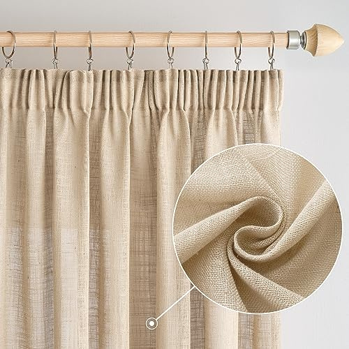 Woaboy Leinen Gardinen Vorhänge Kräuselband 2er Set 140x200cm Beige | Leinenoptik und halbtransparentes Gewebe für Wohnzimmer und Schlafzimmer, moderne Stores mit weichem Licht.