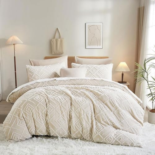 Sedefen Boho Bettwäsche 200x200 cm Beige Kariert Geometrisch Muster Wendebettwäsche Set Stickerei Shabby Chic Böhmen Bettbezug mit Reißverschluss und 2 Kissenbezug 80x80cm