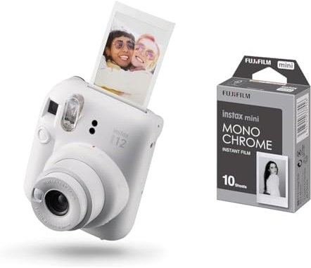 instax mini 12 camera, CLAY WHITE & mini instant film Monochrome, 10 shot pack, suitable for all mini cameras and printers