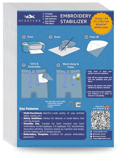 NESSTERS Stickvlies Wasserlöslich Selbstklebend – 16 STK Bedruckbare Stickfolie A4 (21x29,7 cm) – Mittleres Gewicht (40 g/m²), Zum Zeichnen & Drucken von Stickvorlagen – Für Hand- & Maschinenstickerei
