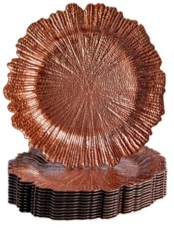 Koyal Wholesale 12 Pack Reef Charger Plates Bulk Plastic Plate Chargers With Floral Reef Design Round Ruffled Rim Dinner Charger Plates For Wedding Party Table Setting Decor (Burnt Orange)