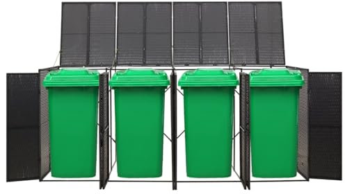 Vopese Quadruple Wheelie Bin Shed Black 274x80x117 cm Poly Rattan, Durable Wheelie Bin Storage Shed Hideaway, Dustbin Sheds, Outdoor Patio Garden Container