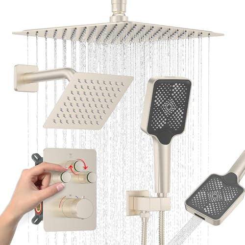 Iriber Thermostat-Duschsystem mit einstellbarem Wasserdurchfluss, Druckknopf-Umsteller, quadratischer Doppelduschköpfe, Wasserhahn-Set mit Handbrause, gebürstetes Nickel, Duscharmatur-Set (Ventil im