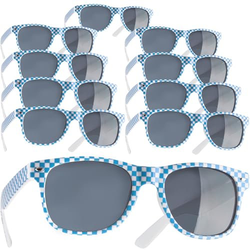 dressforfun retro Brille, Party Sonnenbrille, kariertes Gestell, für 90er Jahre Party, Oktoberfest, Ballermann Mottopartys, Fotobox Accessoires, Festival Gadget, JGA Zubehör - blau/weiß, 10er Set