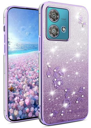 YUEQIAN Glitter Case for Motorola Edge 40 Neo, Ultra Thin Transparent Soft Silicone TPU Bumper Shockproof Cover, Elegant Bling Diamond Flowers Women Girls Case. Purple