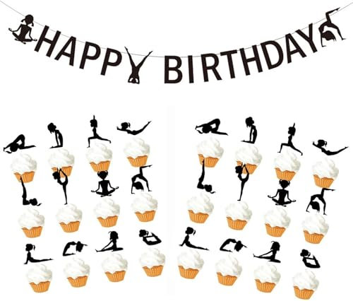 Yoga Geburtstag Deko HAPPY BIRTHDAY Banner 24 Stk. Cupcake Toppers Fitness Muffin Kuchendeko Yoga-Übungen Dekoration