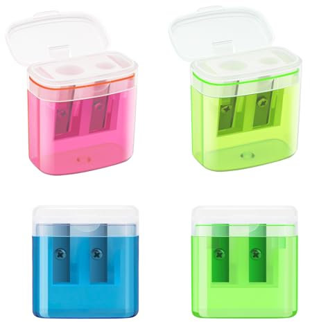 JEFURE Manual Pencil Sharpeners 4PCS in 4 Colors with Container, Double-Hole Lid - Compact for School, Home and Office