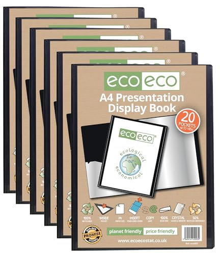eco-eco Lot de 6 porte-vues A4 50% recyclés avec 20 pochettes en plastique Noir
