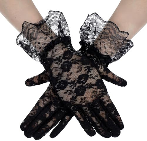 Abeillo Schwarz Spitzenhandschuhe, Damen Spitzenhandschuhe für Tee Party, Hochzeit, 1920s, Schwarz
