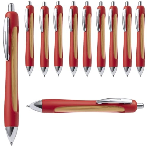 10 Stück Design Kugelschreiber Druckkugelschreiber nachhaltiger Materialmix aus Bambus u. Recycling ABS Kunststoff blaue Jumbo Mine - RCS Zertifiziert, verchromter Knopf Clip Spitze 5 Farbe (Rot)