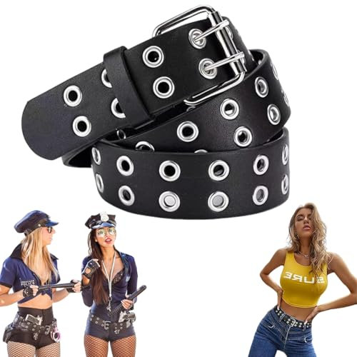 PceGan Nietengürtel, Gürtel Damen, Doppelloch Gürtel Schwarz, Punk Rock Kostüm belt Nieten, Gothic Hip Hop Cosplay Nietengürtel für Damen und Herren