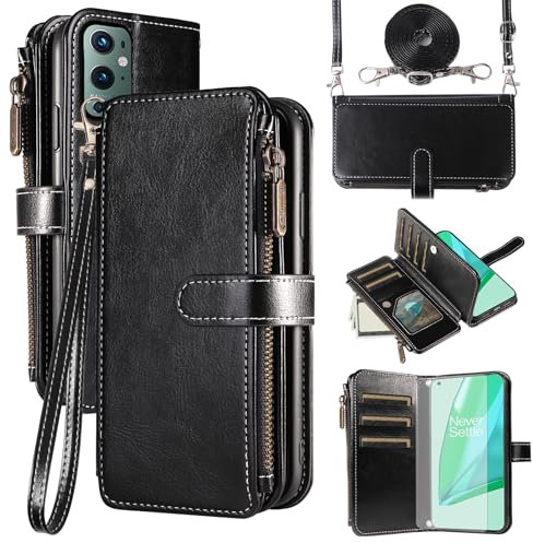 Asuwish Étui de protection pour OnePlus 9 Pro - Avec bande - Film de protection d'écran - Compartiment pour cartes - Pliable - En cuir - Porte-monnaie - 9Pro 5G LE2123 - Noir