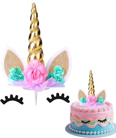 Gleevio Tortendeko Einhorn Deko Torte, Einhorn Kuchendeko Geburtstag, Cake Topper Unicorn Deko Kindergeburtstag, Tortendeko Mädchen, Unicorn Kuchen Topper Niedlich Horn Ohren Wimpern für Kinder