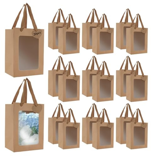 Jiayaus 20 Stück Geschenktüten, Papiertüten mit Henkel, 25x18x13cm | Geschenktüten mit Fenster, Kraftpapier Tüten für Geschenkverpackungen Geburtstag Hochzeit Party Bankett