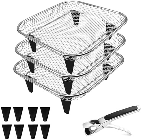 GWYXC 3-Tier Stackable Air Fryer Rack, 8x8 Inch Square Dehydrator Rack & Oven Rack, Food Grade Stainless Steel Air Fryer Accessories, Fits Air Fryers with Inner Size ≥8.7 Inch