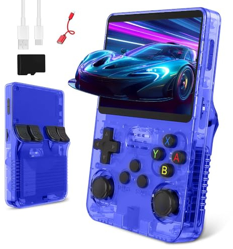 R36s Handheld Game Console, Retro R36s Game Console with 64G TF Card, 3.5 In Screen Linux System Retro Games Console Handheld (Blue, 64, GB)