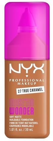 NYX Professional Makeup Make 'Em Wonder Foundation, 24H Soft Matte Aufbaubare Foundation, Mit hoher Deckkraft, Mattes Finish, 27 True Caramel