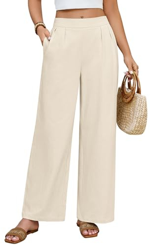 PASUDA Pantalon Fluide Femme Été Coton Chic Leger Large Taille Elastique Décontractés en Tissu Confortables Plage avec Poche (Abricot, L)
