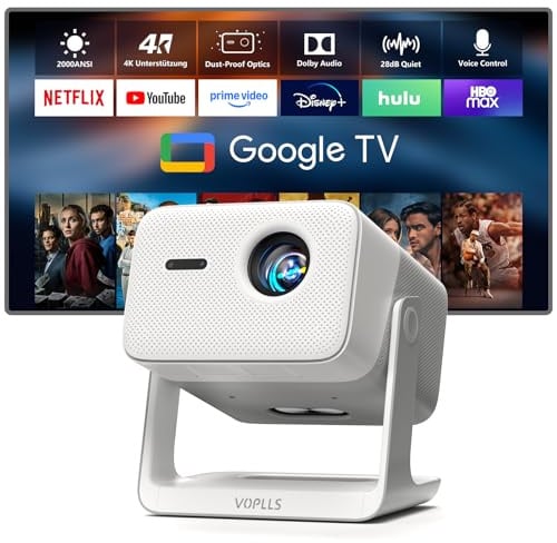 Smart Beamer【Google TV/Offizielle App】 VOPLLS 2000ANSI Tageslicht Beamer 4K Heimkino Autofokus & Trapezkorrektur Projektor mit Dolby Audio/HDR10+/2-Wege Bluetooth WiFi6 Outdoor Projector für Handy