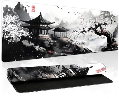 HSUYUN Tapis Ordinateur Bureau avec Motif de Fleurs Prunier, Mousepad Clavier avec Bords Surpiqués, Antidérapant Grand Tapis de Souris, Accessoires Bureau 1200 × 400 × 4 mm