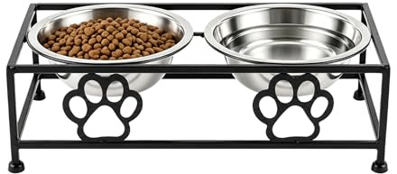 BREEZENEST Iron Art Dog Bowl Stand with Double Stainless Steel Bowls, Elevated Pet Feeding Station for Small & Medium Dogs, Anti-Spill Feeding Dish with Cervical Protection Design