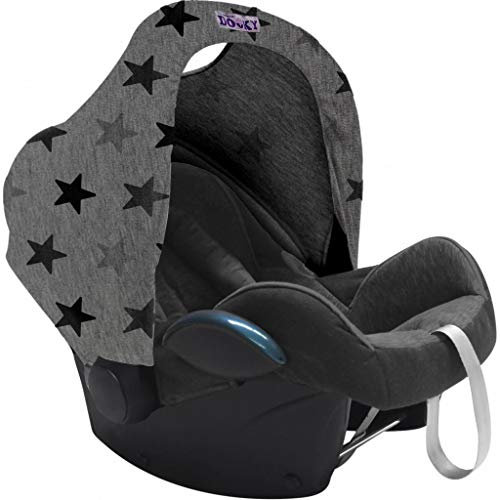 Original Dooky Hoody Sonnenschutz Sonnenverdeck für Babyschalen oder Kinderwagen (Design: Grey Stars, inkl. UV-Schutz 40+, Altersgruppe 0+, Universal geeignet für die meisten Marken)
