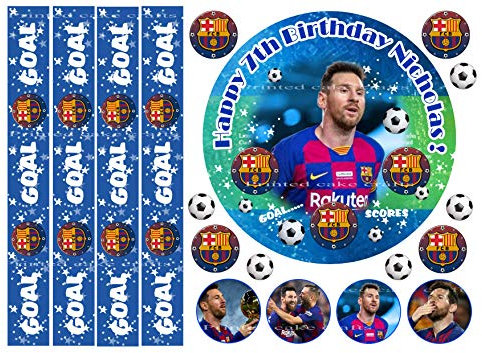 EDIBLE 6 LIONEL MESSI FCB FOOTBALL ICING BOYS PERSONALISED CAKE TOPPER WITH EDIBLE RIBBON