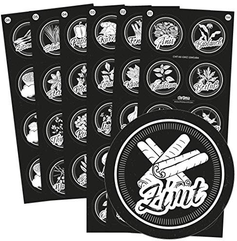 54 schwarze Gewürzetiketten/Gewürzaufkleber - individuelle Abbildungen der Gewürze - für Regale, Gläser oder Dosen - beschriftet, selbstklebend, Ø 4cm Kreis rund, Farbe: SCHWARZ