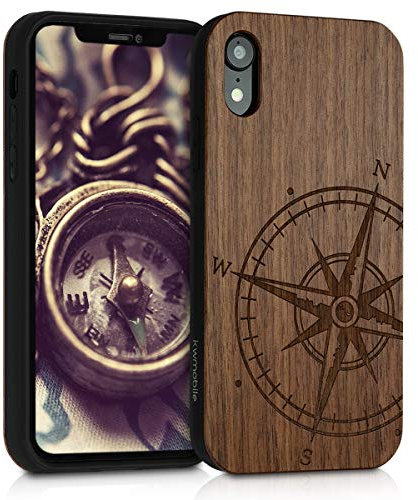kwmobile Hülle kompatibel mit Apple iPhone XR Hülle - Holz Case - Handy Cover - TPU Handyhülle in Dunkelbraun Kompass Vintage