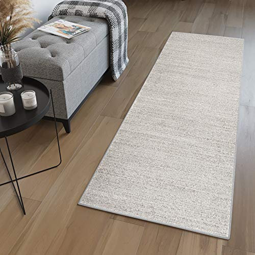 TAPISO Sari Teppich Läufer Flur Hellgrau Meterware Modern Kurzflor Küche Wohnzimmer Schlafzimmer Korridor Brücke nach Maß ÖKOTEX 80 x 130 cm