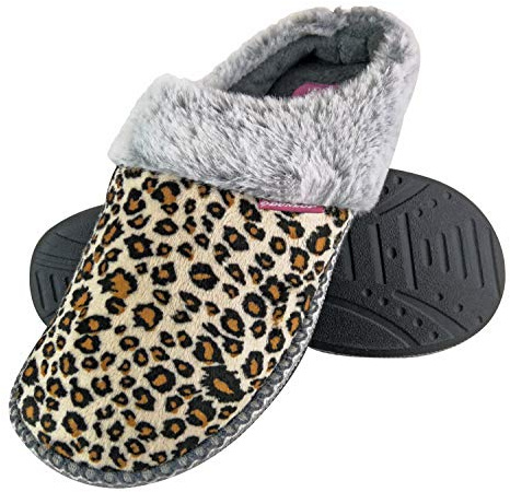 DUNLOP - Ladies Cute Cosy Plush Memory Foam Knitted Slippers with Open Back Mules (7 UK, Leopard)