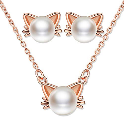 Yumilok Kette Damen Halskette Katzen Damen Ohrringe Ohrstecker Schmuck Set mit Weiß Perle aus 925 Sterling Silber für Damen Frauen Mädchen Roségold