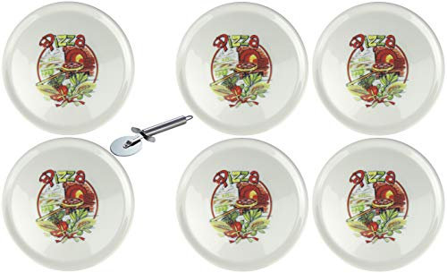 Saturnia XXL Plato de pizza de porcelana con diferentes motivos, incluye cortador de pizza de acero inoxidable (6 unidades, 31 cm de diámetro)