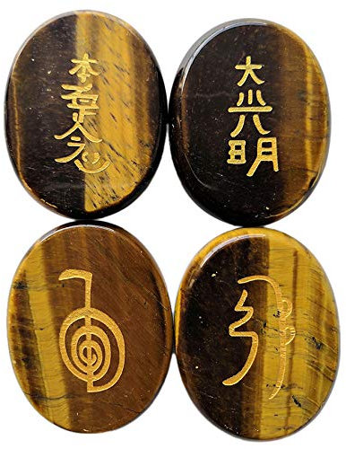 Lovionus89 4 cristaux de guérison chakra Reiki Pierre gravée chakra symbole pierre brillante équilibrée, 45mm, Oeil de tigre