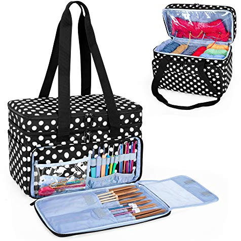CURMIO Double-Layer Knitting Tote Bag, Yarn Storage Bag with Compartments for Crochet Hooks, Knitting Needles(Up to 14”/35.5cm), Knitting WIP or Accessories, Round Dots(Bag Only)