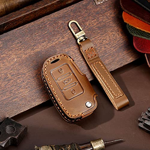ontto Leder Autoschlüssel Hülle Passt für VW Golf 4 5 6 Polo Jetta Passat Touran Skoda Fabia Octavia Seat Altea Fernbedienung Cover Schlüsselhülle Schlüsselanhänger Schlüssel Schutz Etui-Braun A